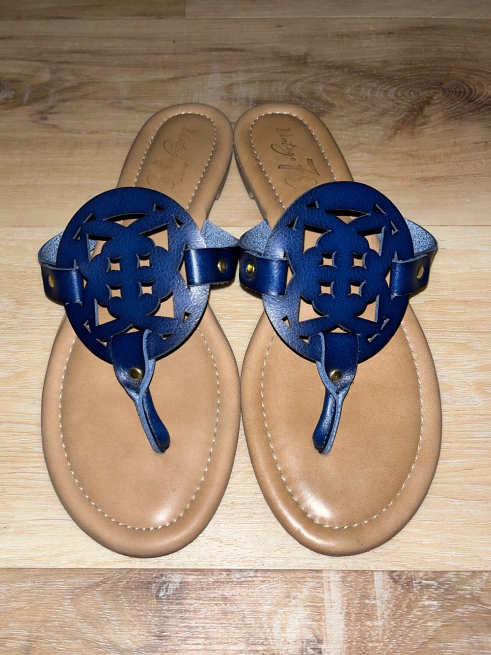 Women's Navy Blue Leather Thong Sandals with Decorative Cutout